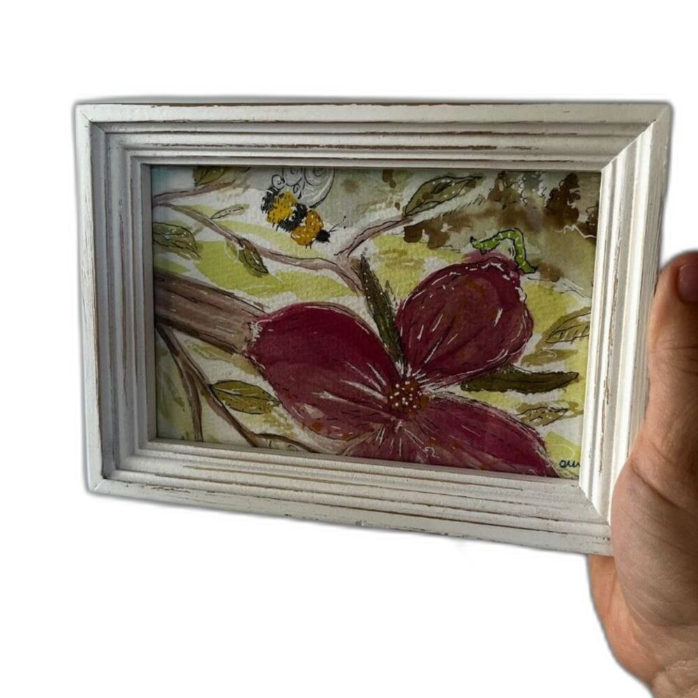 cottage core whimsical hand painted watercolor in frame signed by artist